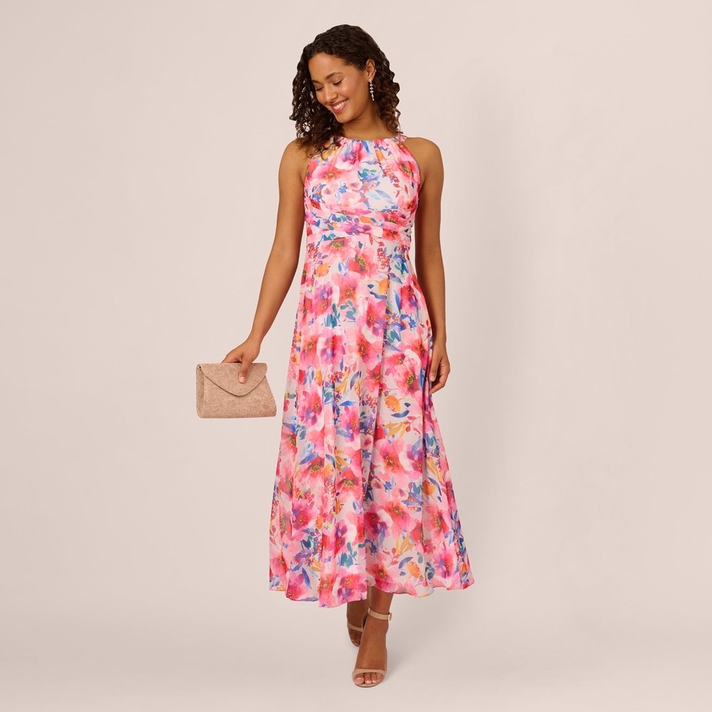 NWT Adrianna Papell Sleeveless Floral Chiffon Halter Dress With Tie Waist Sz 4
